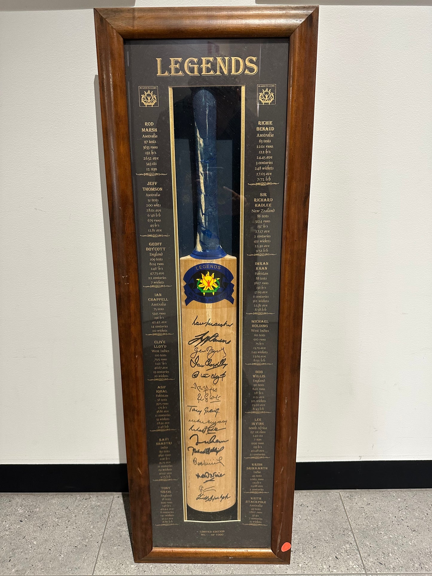Legends Signed Cricket Bat Display — 15+ International Signatures inc. Benaud, Hadlee, Imran Khan, Holding