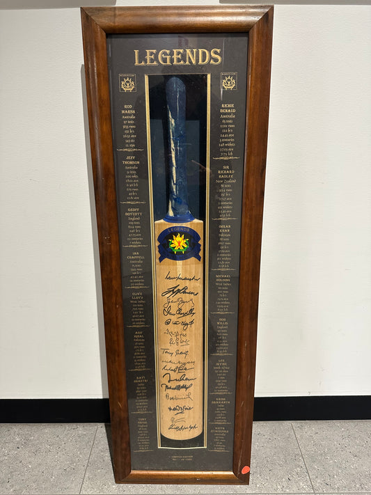 Legends Signed Cricket Bat Display — 15+ International Signatures inc. Benaud, Hadlee, Imran Khan, Holding