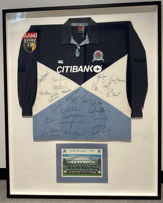 NSW Waratahs 1999 Squad Signed Canterbury Jersey, Framed with Team Photo